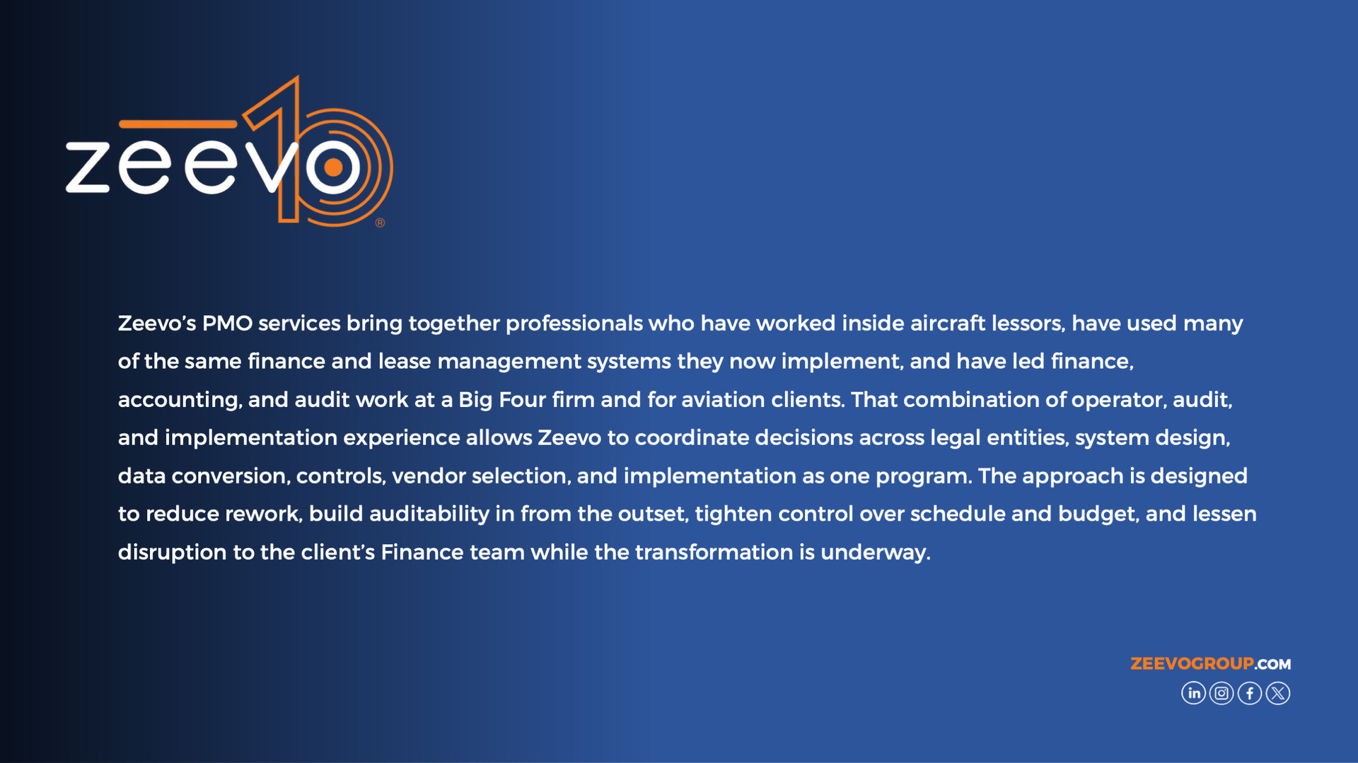 About Zeevo Group's PMO Services: Experienced professionals who have worked inside aircraft lessors and led finance, accounting, and audit engagements—coordinating legal entities, system design, data conversion, controls, vendor selection, and implementation as a single unified program. / Source: Zeevo Group LLC (EZ Newswire)